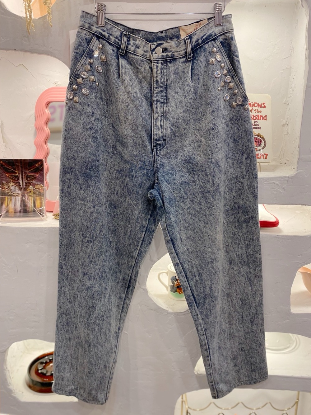 80s Retro Stud-Embellished Bedazzled Acid Wash Women’s High Rise Blue Jeans